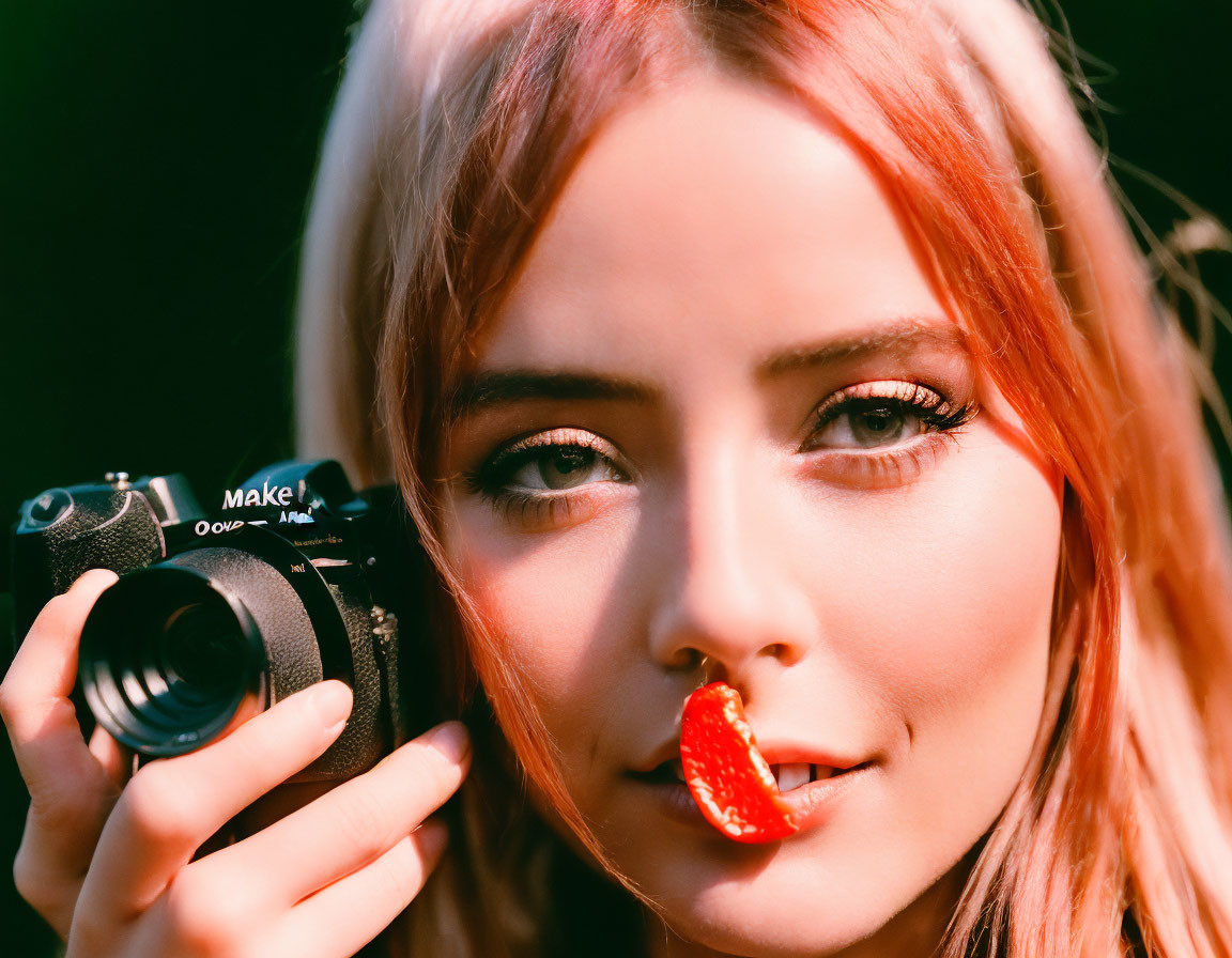 Dyed hair woman holding camera and chili pepper with focused expression