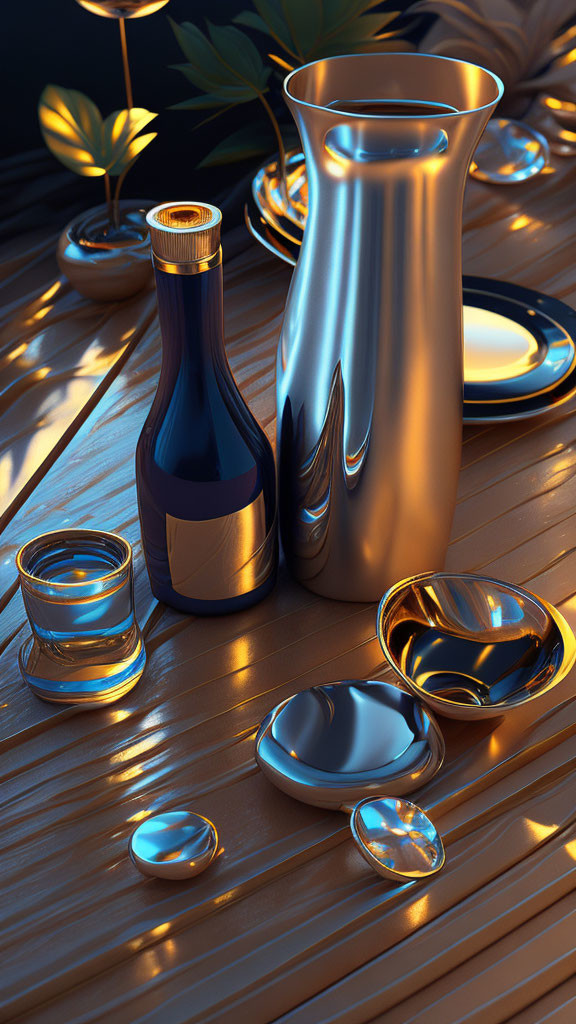 Table setting with reflective silverware, glassware, and bottle at dusk