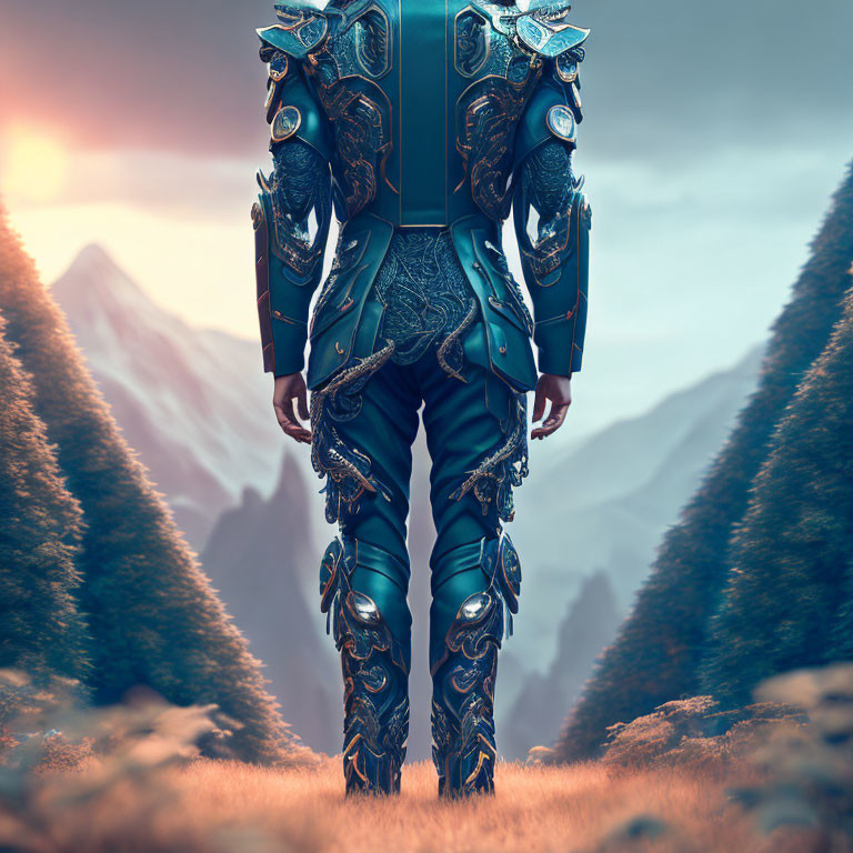 Fantasy armor-clad figure gazing at mountains under orange sky