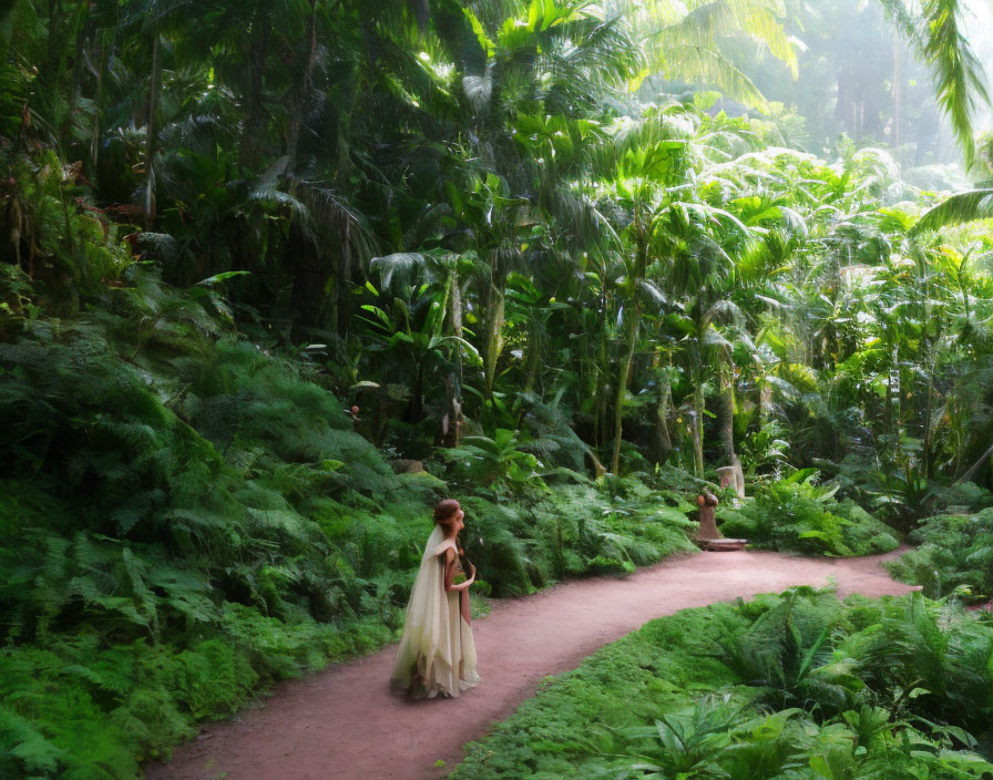 Woman in flowing dress walks forest path with ferns and tall trees