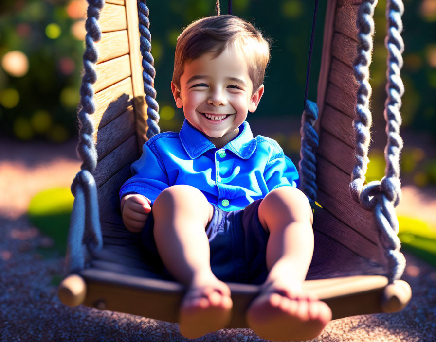 Young boy smiling on swing in sunny garden wearing blue shirt and shorts