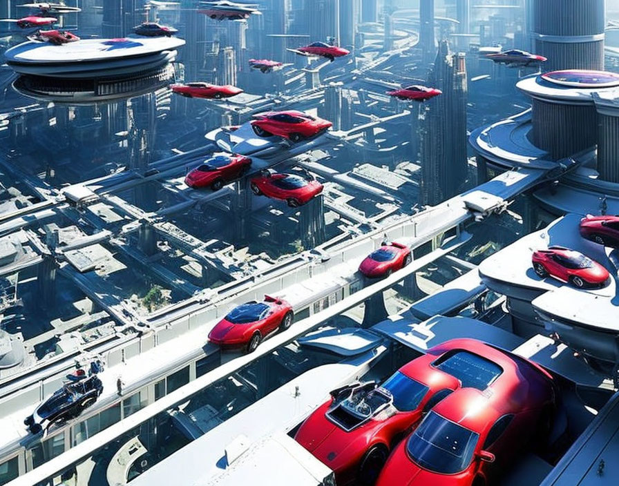 Futuristic cityscape with flying cars and high-rise buildings