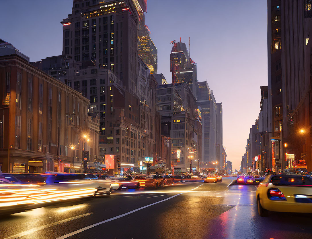 City Street at Twilight: Car Light Streaks, Illuminated Buildings, Urban Atmosphere