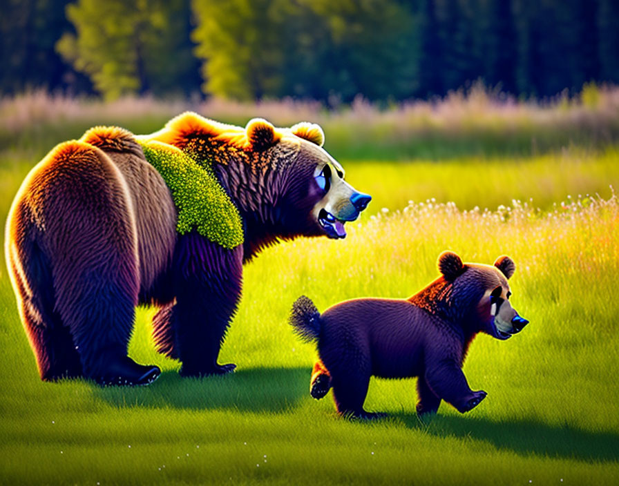 Animated bears in grassy field with forest backdrop