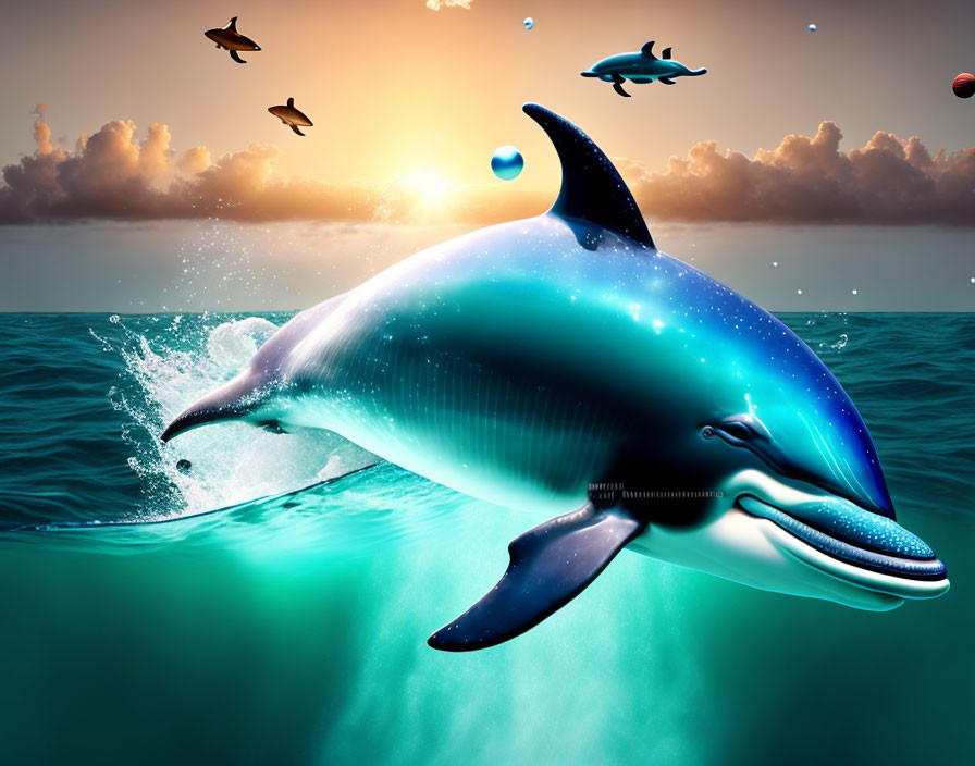 Starry-patterned dolphin leaping from ocean at sunset