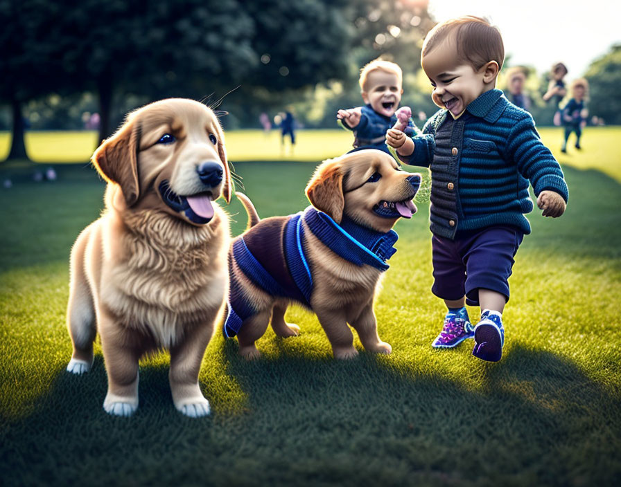 Two toddlers playing with puppies in a sunny park