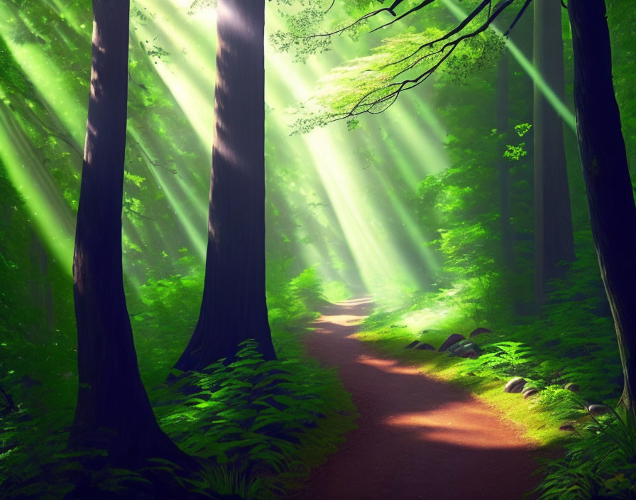 Lush forest path illuminated by sunbeams