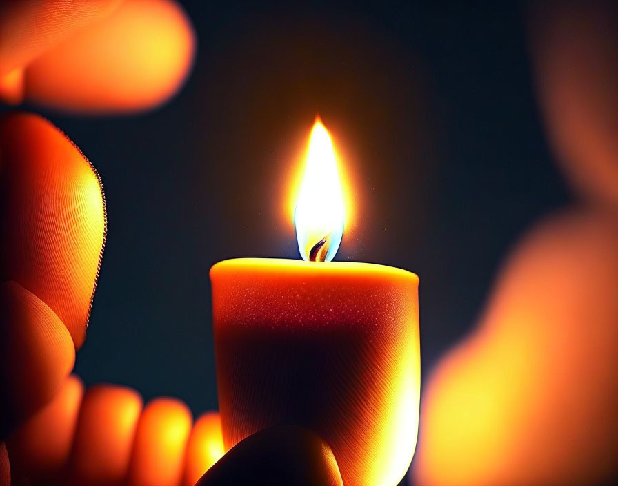 Hand holding lit candle in darkness