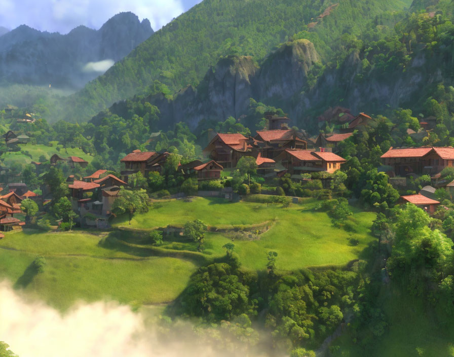 Tranquil village in green hills with misty river and terracotta roofs