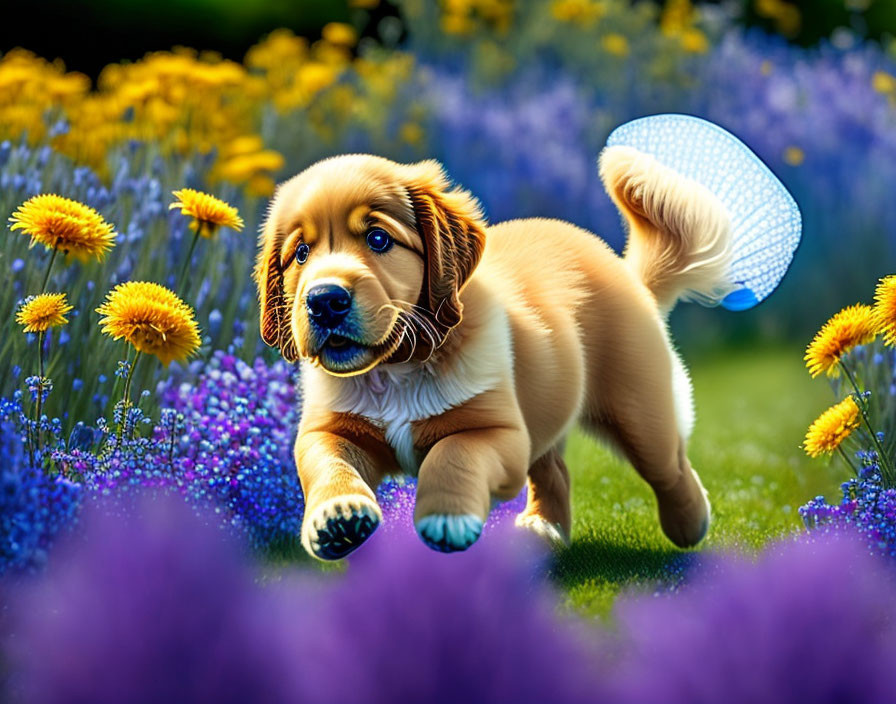 Playful puppy in vibrant garden with yellow and purple flowers and blue frisbee