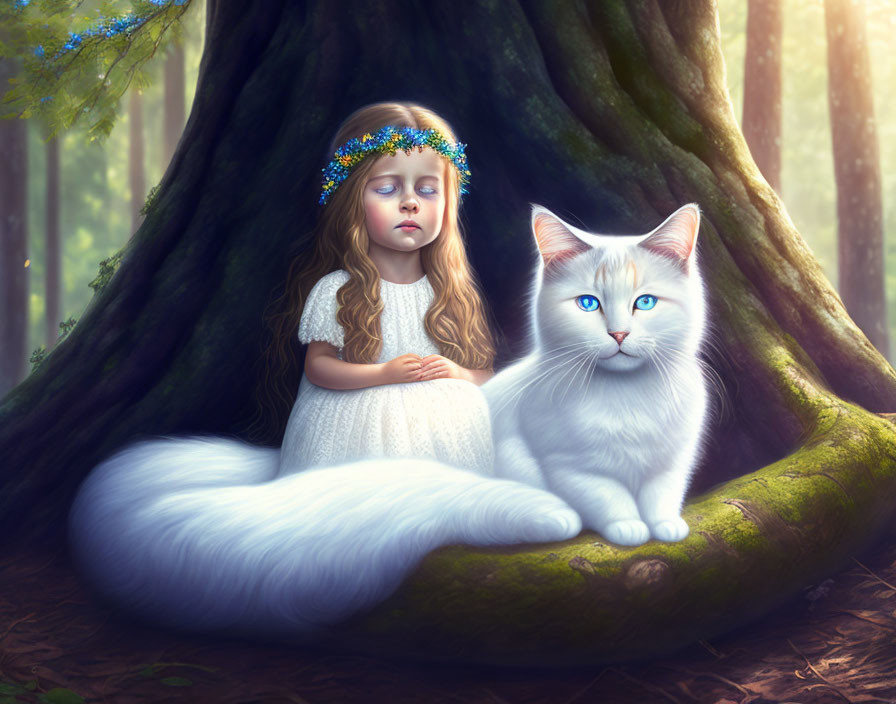 Young girl with floral headband beside white cat in mystical forest