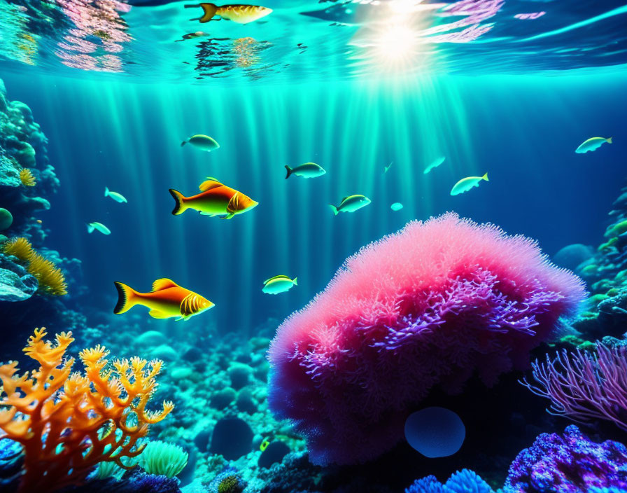 Colorful Fish and Coral in Sunlit Underwater Scene