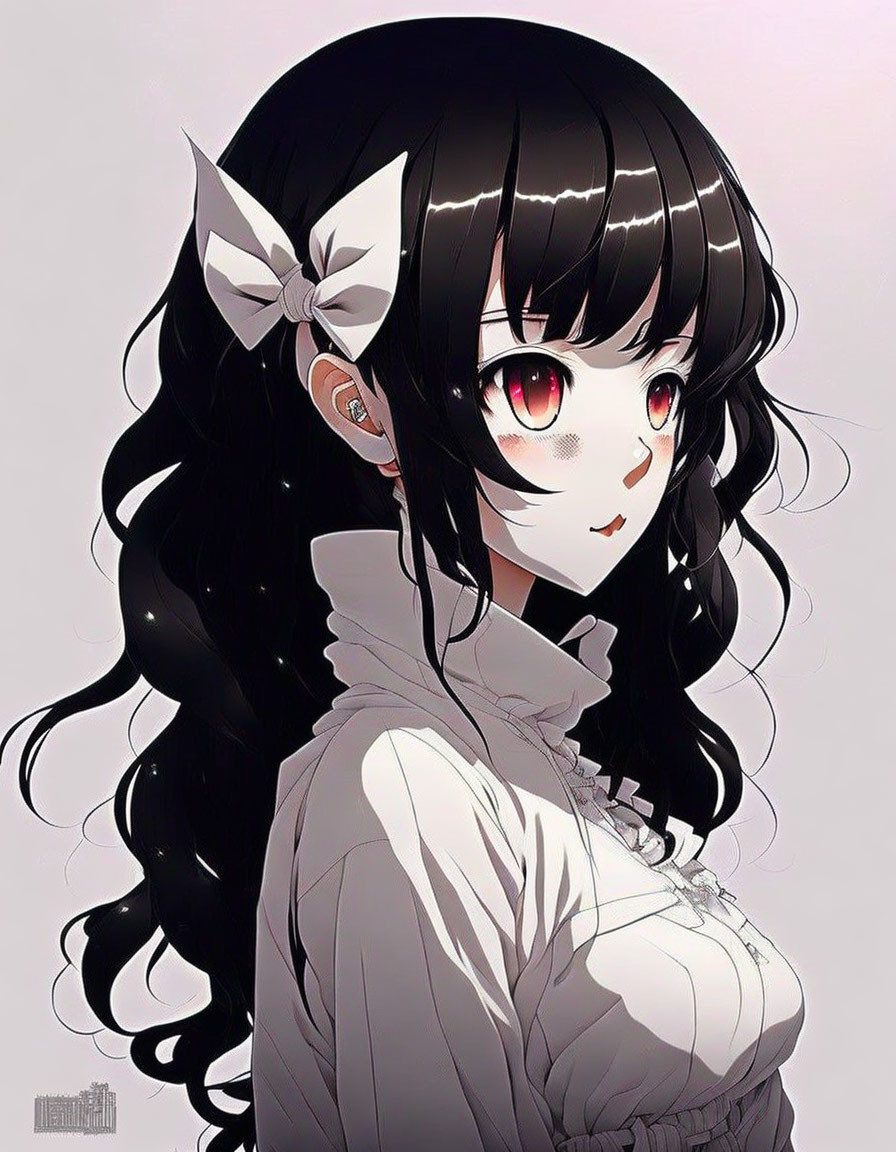 Digital illustration of girl with black hair, red eyes, white bow, ruffled blouse.