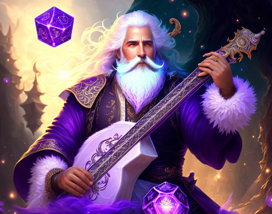 Majestic wizard with white beard, staff, and magical tome in purple crystal setting