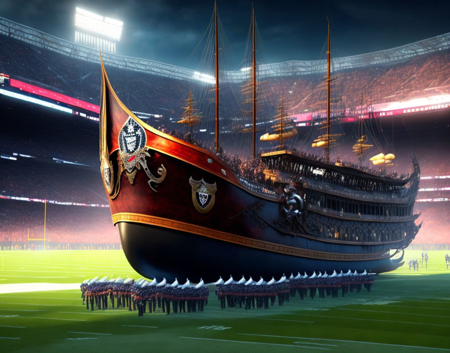 Ornate Viking ship on football field with rowers and spectators