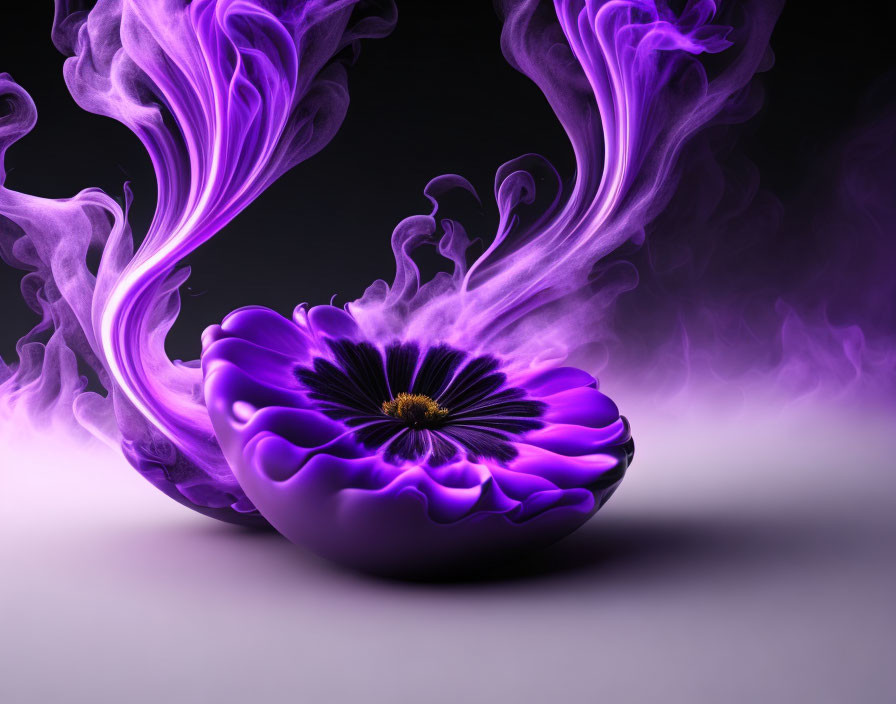 Purple Anemone Flower with Swirling Violet Smoke on Dark Background