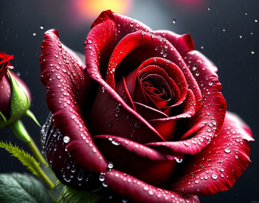 Red Rose with Raindrops on Petals Against Blurred Background