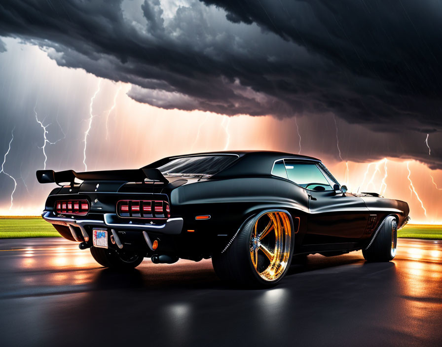 Classic Black Muscle Car with Golden Rims on Stormy Road