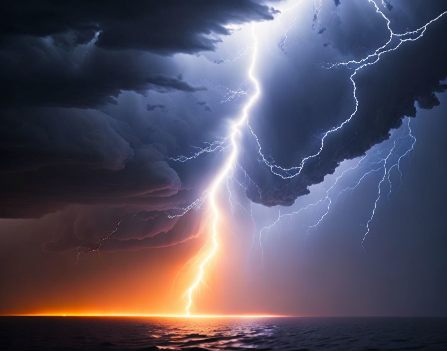 Stormy sky with lightning bolt over ocean horizon