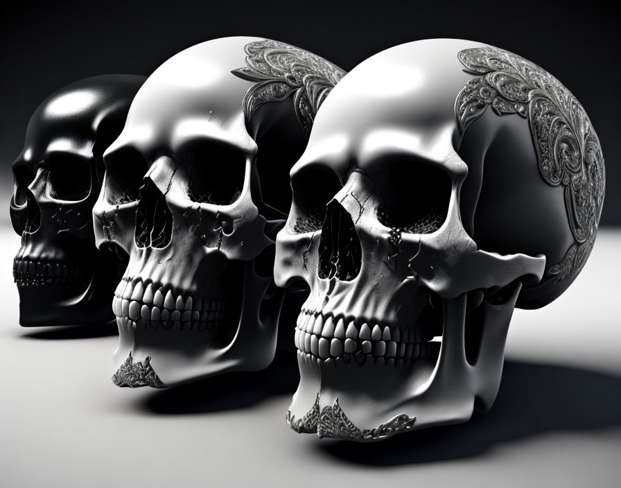 Intricately designed skulls on reflective surface in dark setting