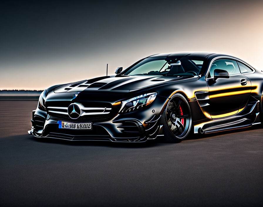 Black Mercedes sports car with racing stripes on asphalt under dusk sky.