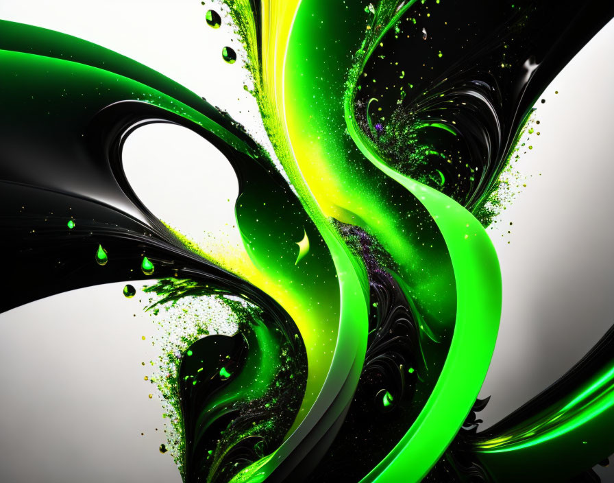 Abstract swirling black and green liquid shapes with glossy finish