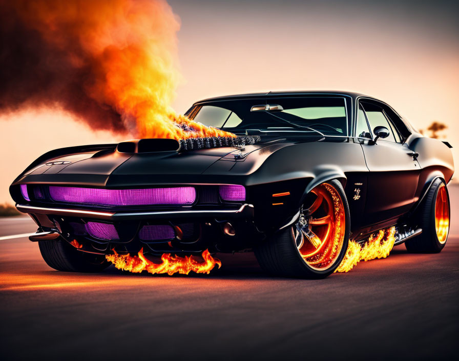 Black Muscle Car with Flame Wheels, Orange Smoke, & Illuminated Grille