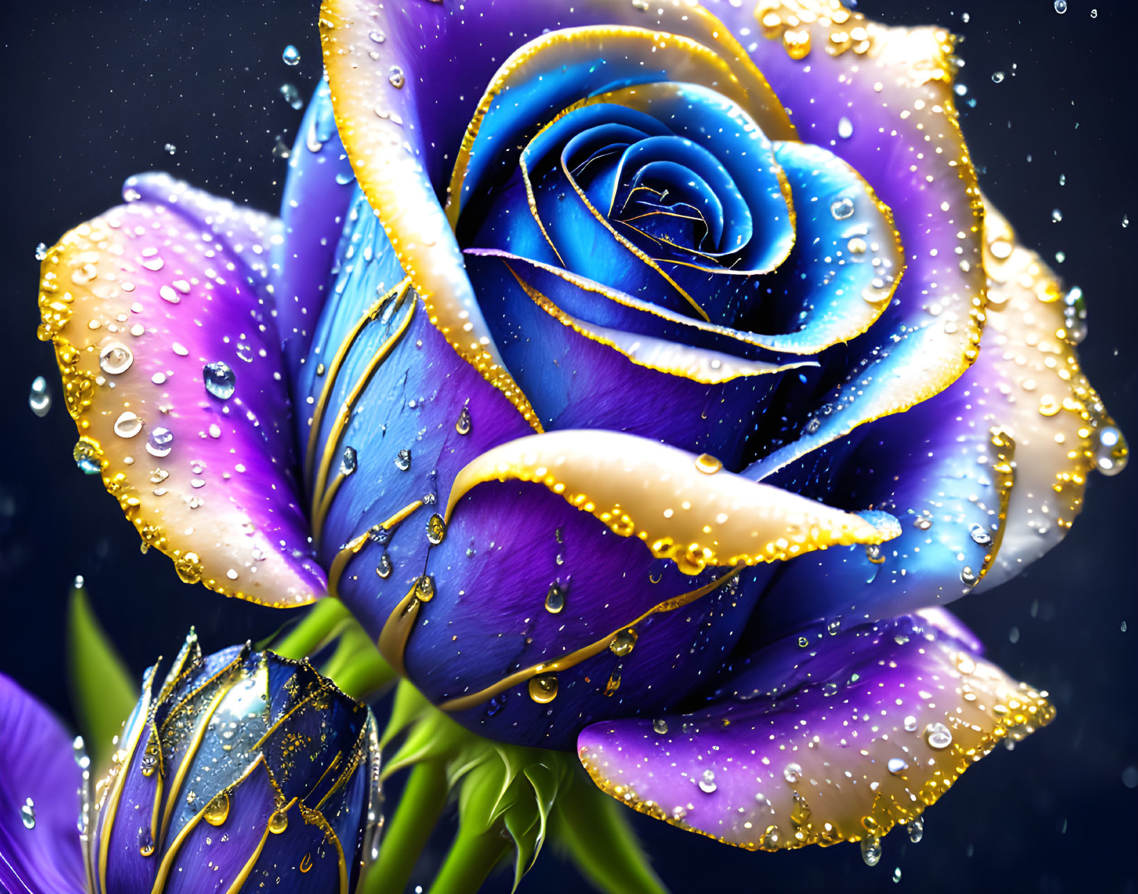 Vibrant blue and purple rose with water droplets on dark background