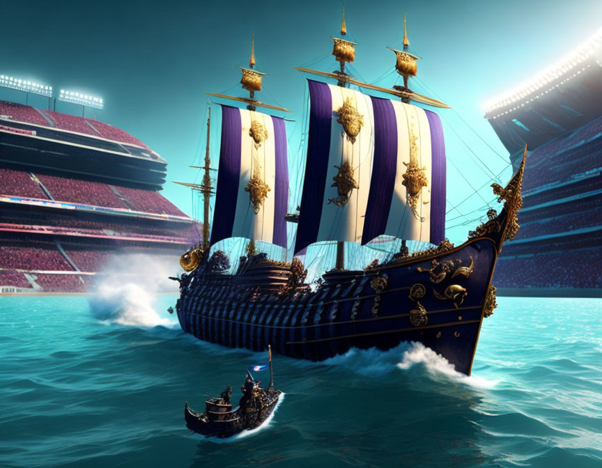 Ornate ship sailing in stadium water with dramatic sky