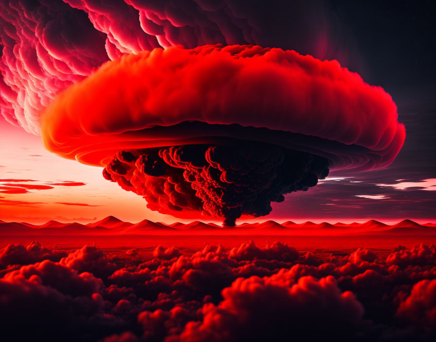 Ominous red and black cloud over crimson landscape