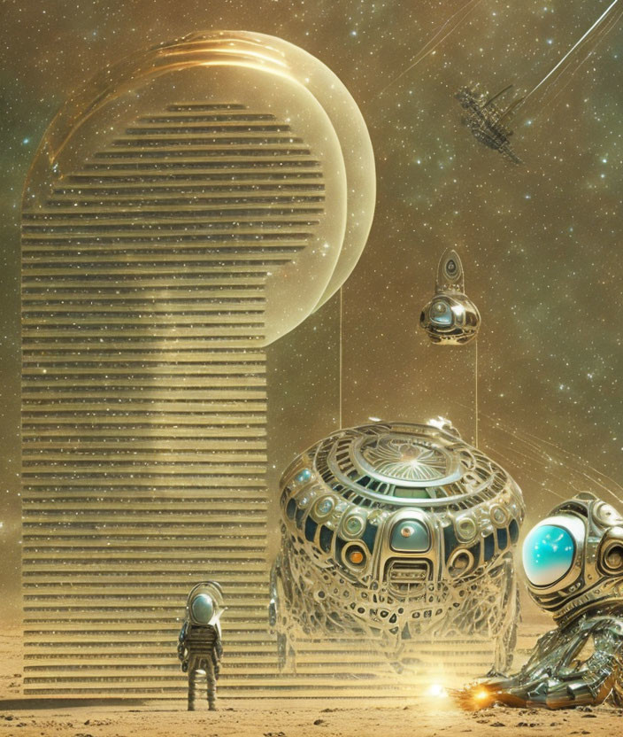 Futuristic astronaut on sandy planet with towering building, spherical structures, flying vehicles, and celestial bodies