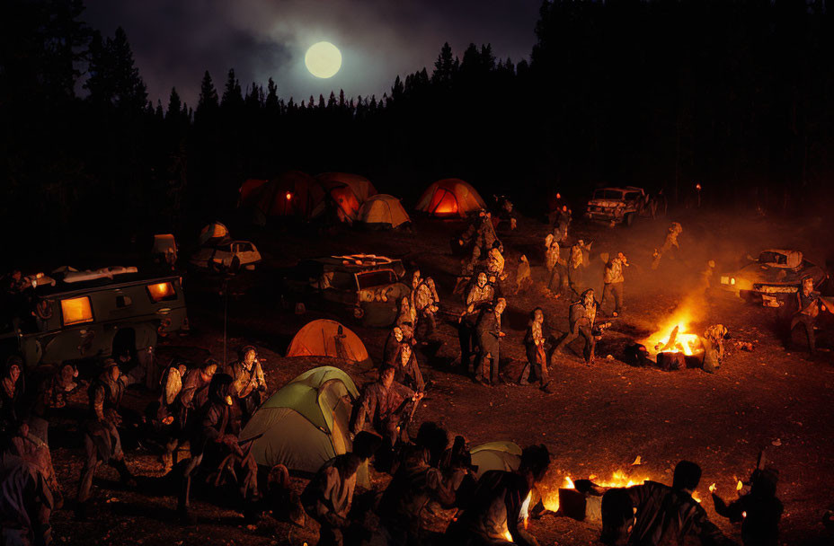 Nighttime campfire scene in forest clearing with tents, vehicles, and full moon.