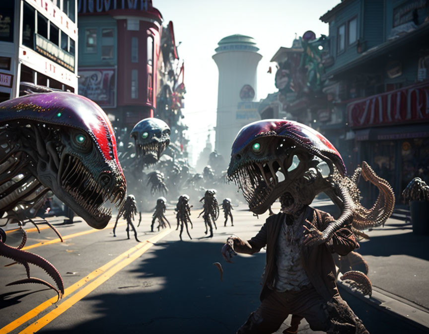 Alien invasion on city street with fleeing figures amid chaos