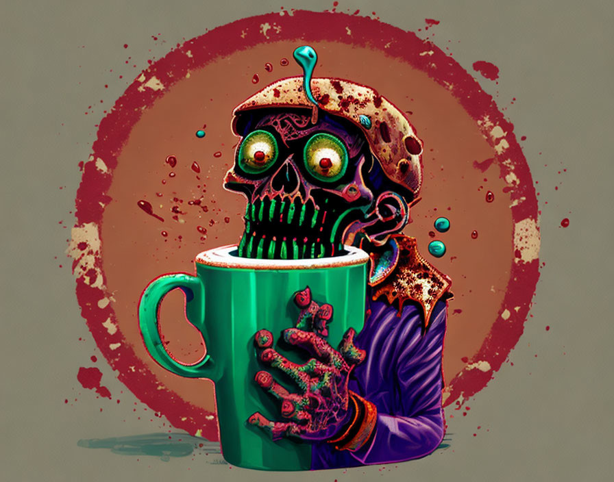 Vibrant zombie art from coffee cup with skeletal details and splatter effects