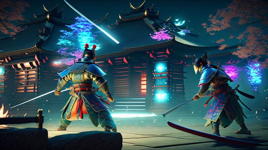 Animated samurai warriors duel in Japanese pagoda at night