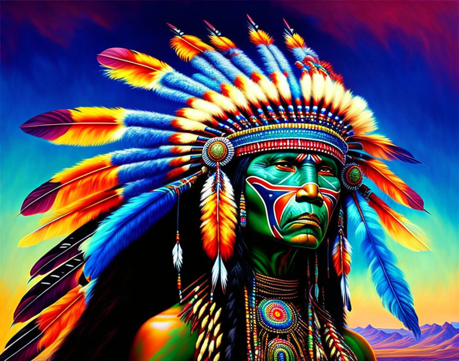 Colorful Native American with Feathered Headdress Against Sunset Backdrop