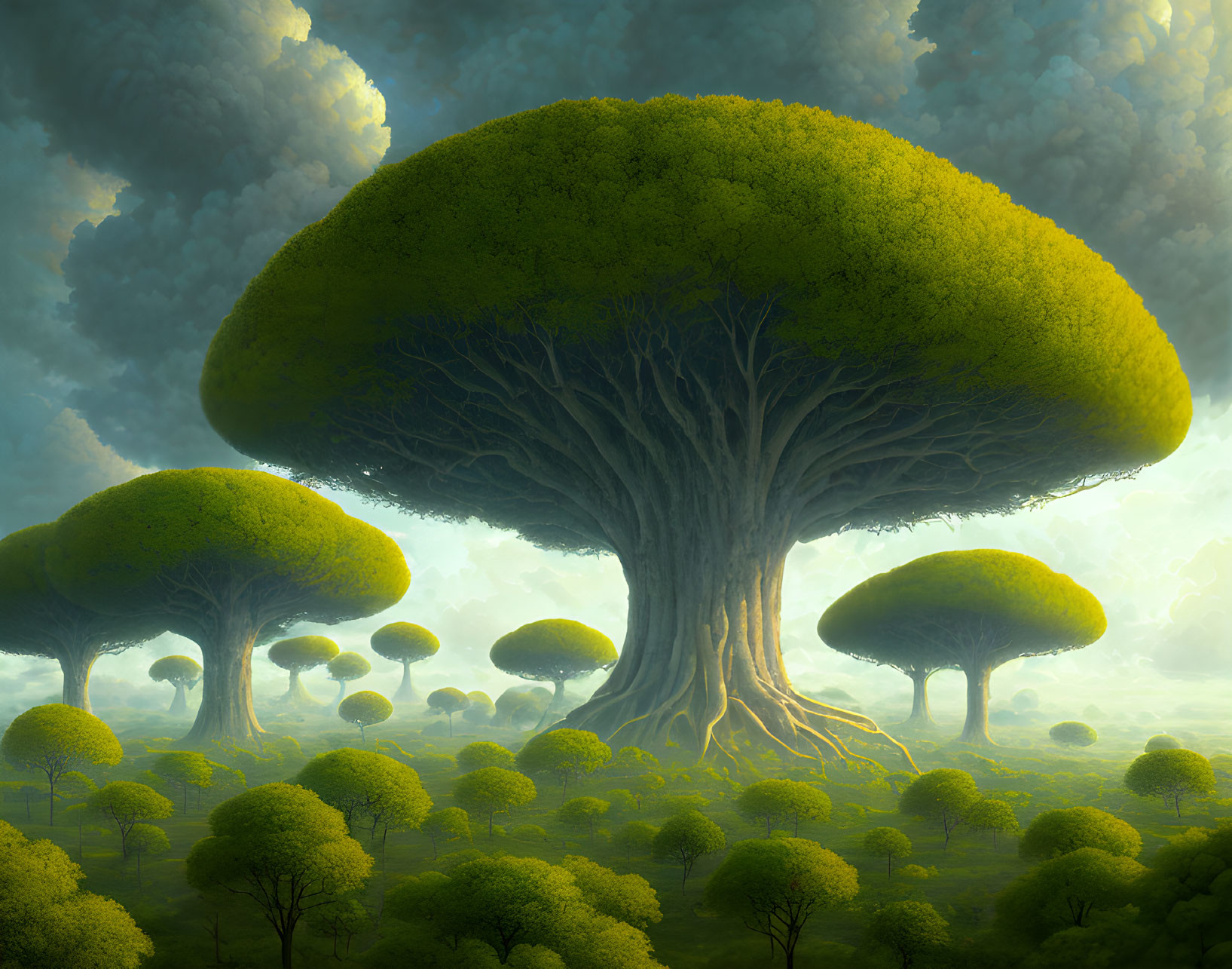 Fantastical landscape with oversized mushroom-shaped trees under a cloudy sky