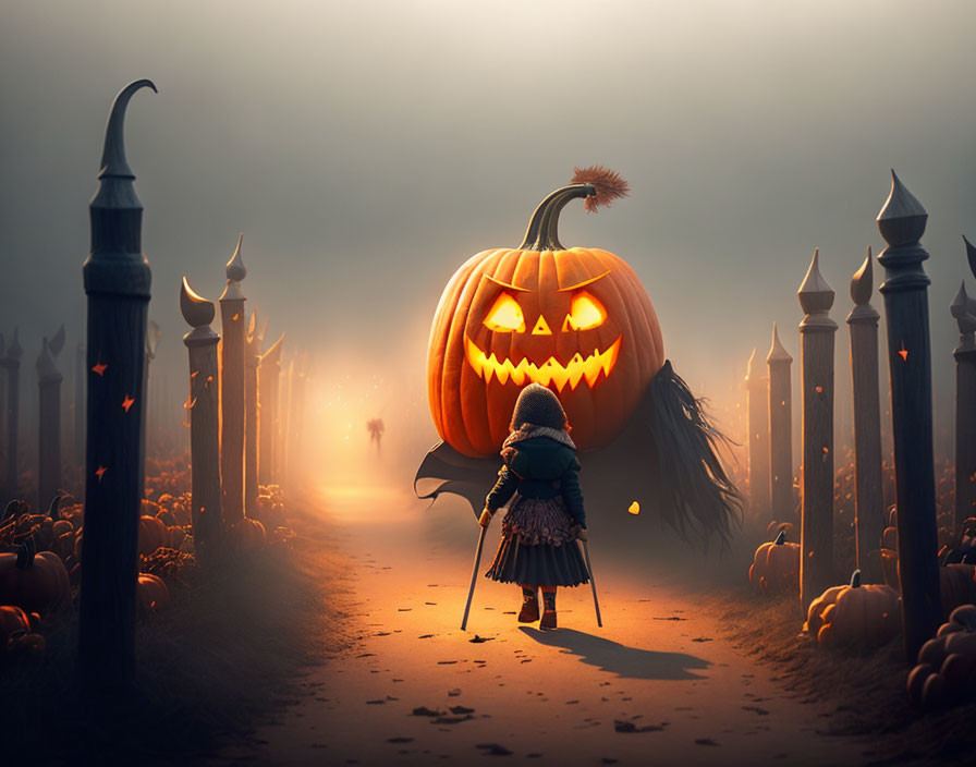 Child in costume on misty path with pumpkins and eerie fences, facing giant jack-o'-lan