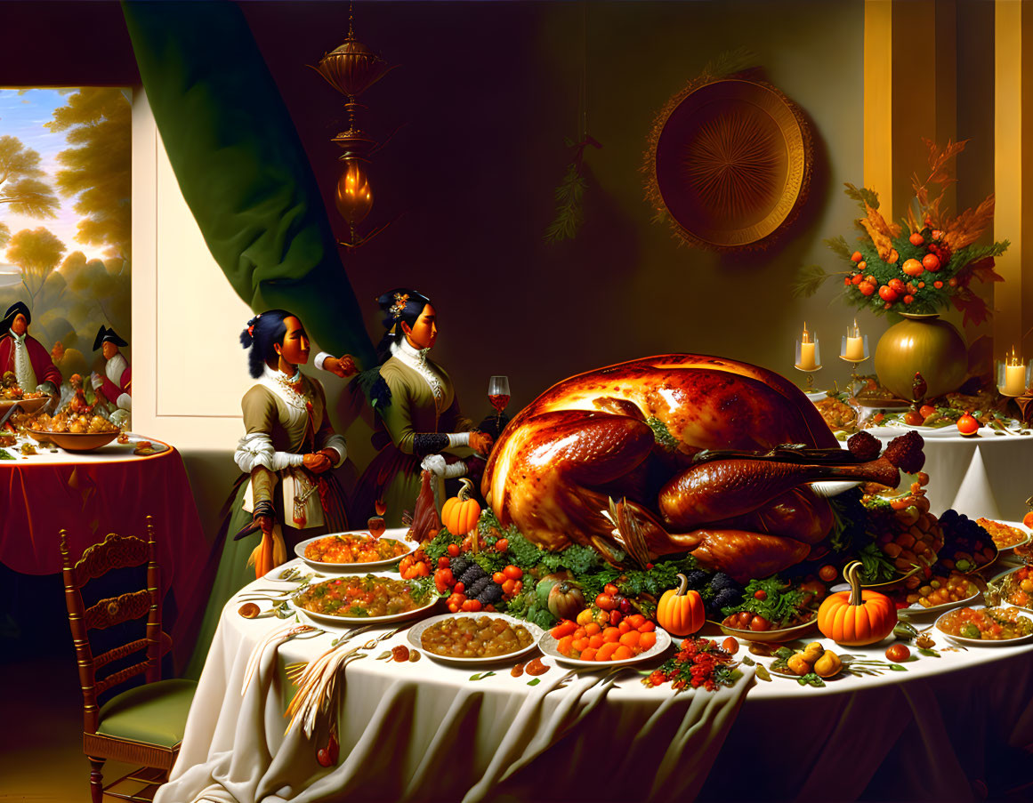 Traditional Thanksgiving Dinner Table with Roasted Turkey & Festive Decorations