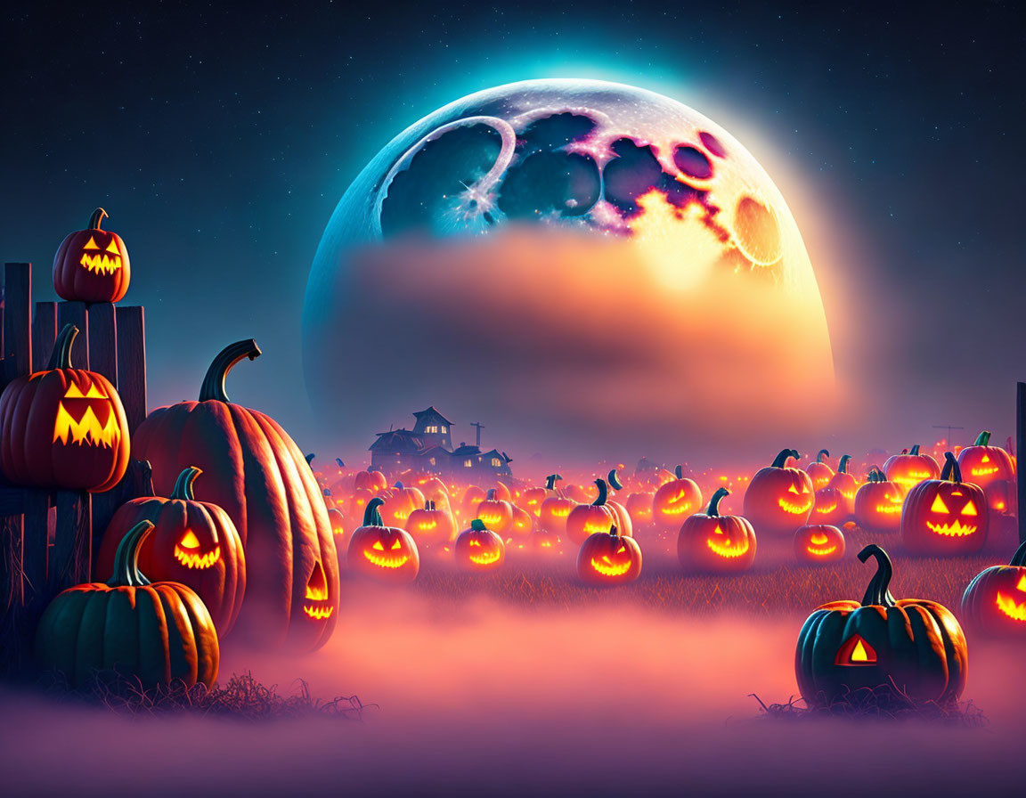 Spooky Halloween scene with glowing pumpkins and eerie moon