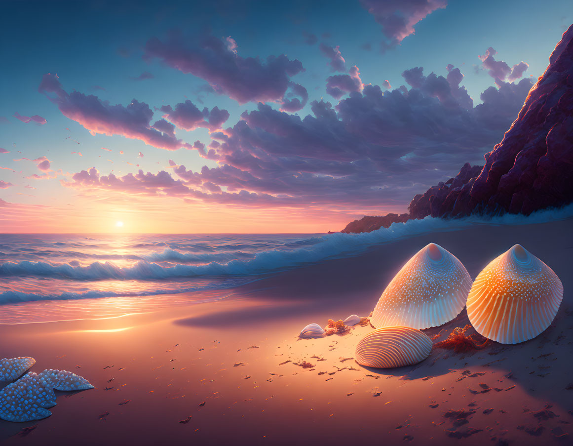 Tranquil beach sunset with glowing seashells and colorful sky