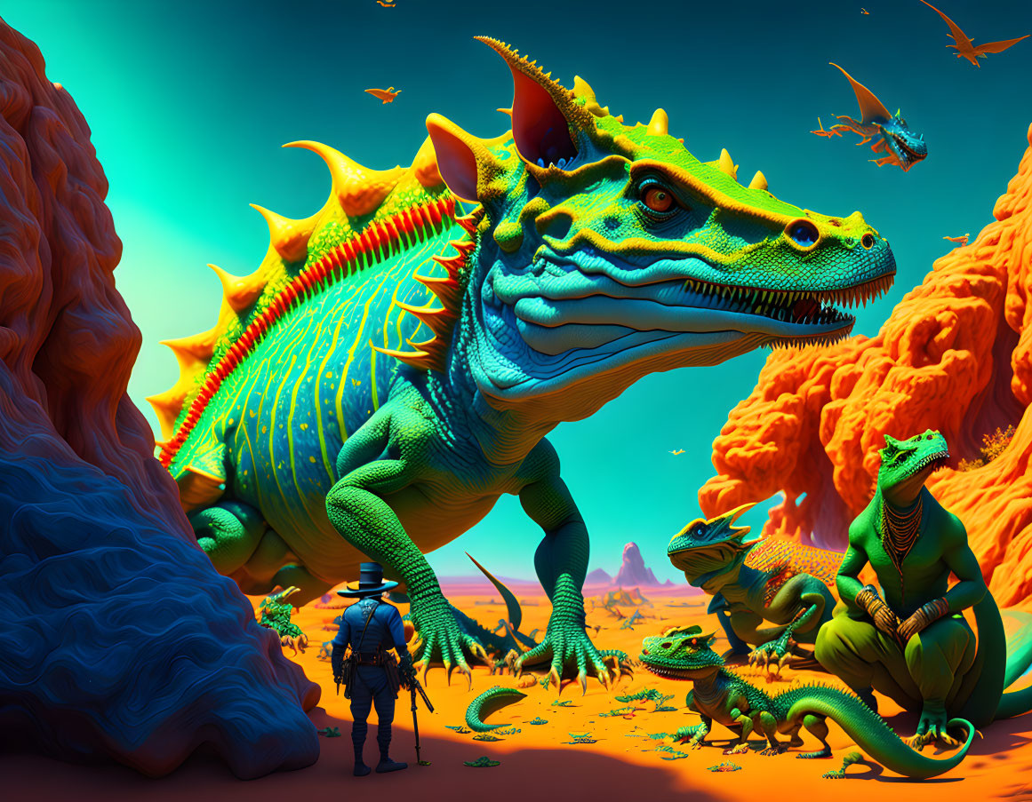 Colorful Dragons Confronting Figure in Vibrant Landscape