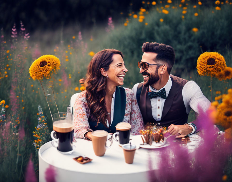 Two people enjoying drinks and desserts in a colorful flower field