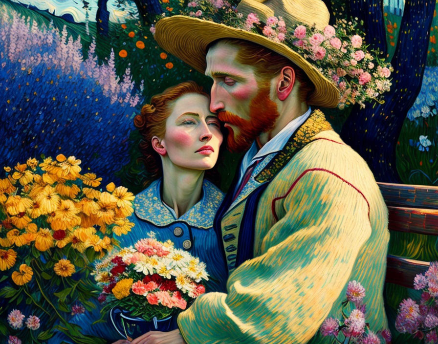 Colorful Vintage Couple Illustration in Floral Setting