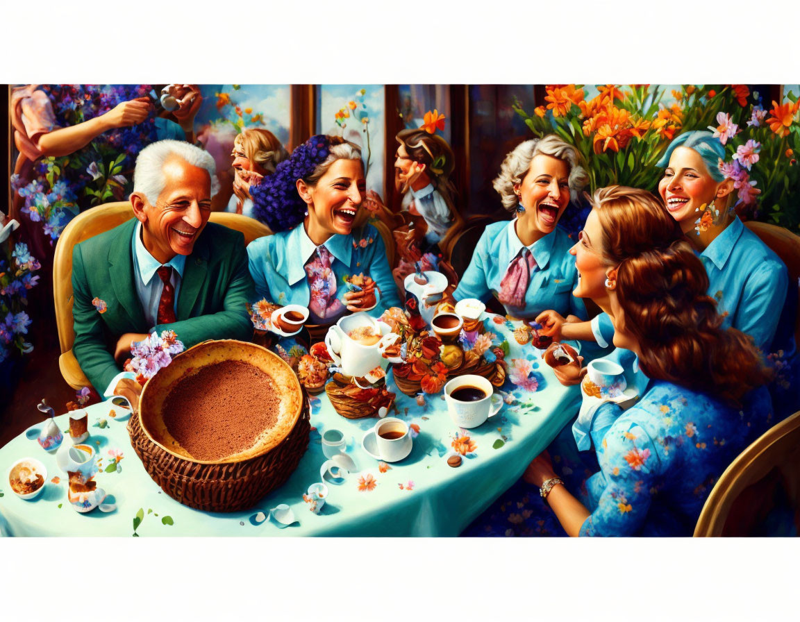 Six people in a lively tea party with vibrant colors and lush florals