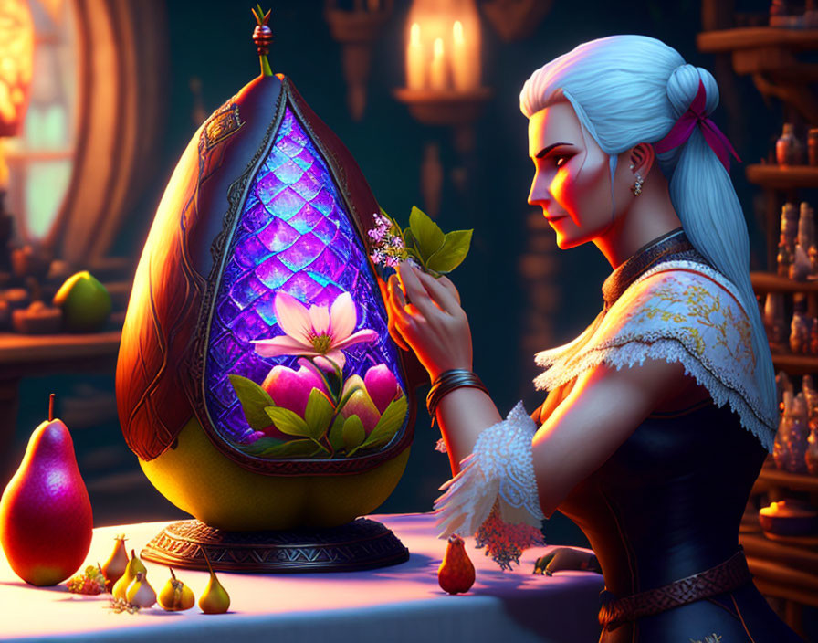 White-Haired Woman Admiring Flower Next to Ornate Egg in Warmly Lit Room