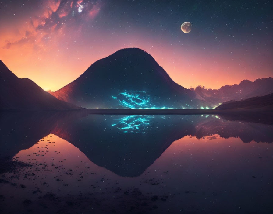 Twilight lake with bioluminescent glow, mountain, stars, and moon