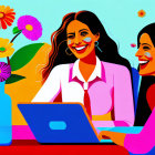 Two women in smart attire smiling at laptop with flowers on table against blue background