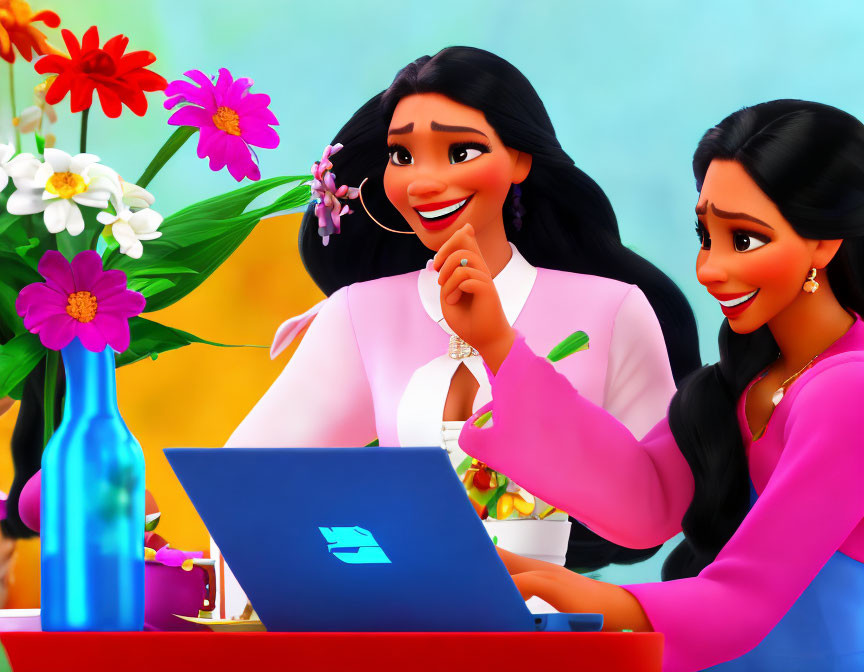 Two women in smart attire smiling at laptop with flowers on table against blue background