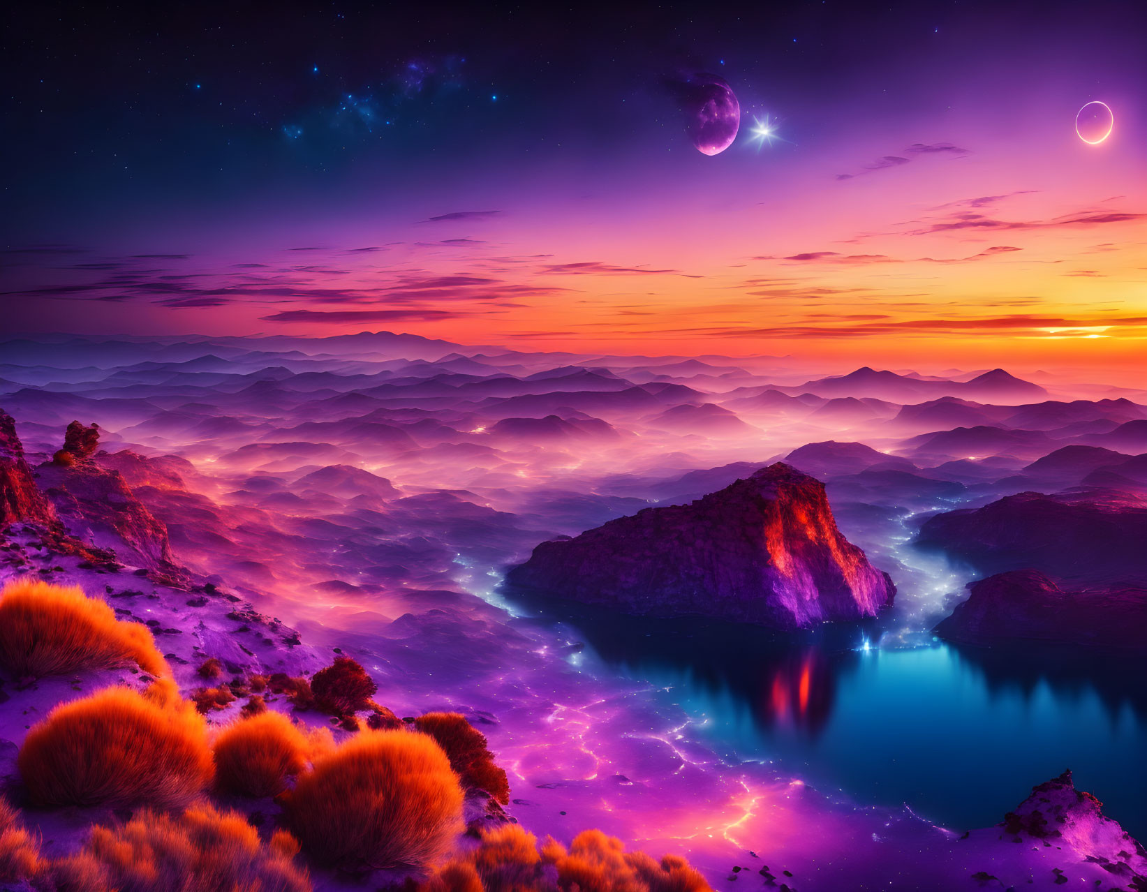 Colorful alien landscape with rolling hills, luminous lake, stars, and two moons